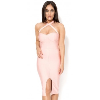 'Aalin' rosa Bandage Kleid mit Halfter Hals